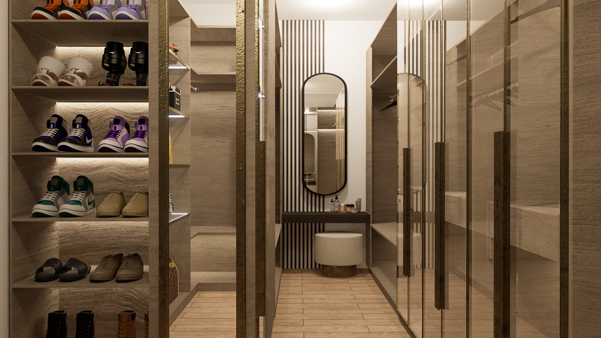 Master bath detail — brushed steel fixtures